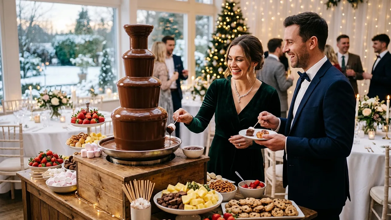 Chocolate fountain at elegant winter wedding reception with guests enjoying the experience