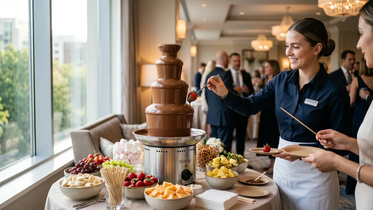 Professional chocolate fountain catering with uniformed attendant at corporate event