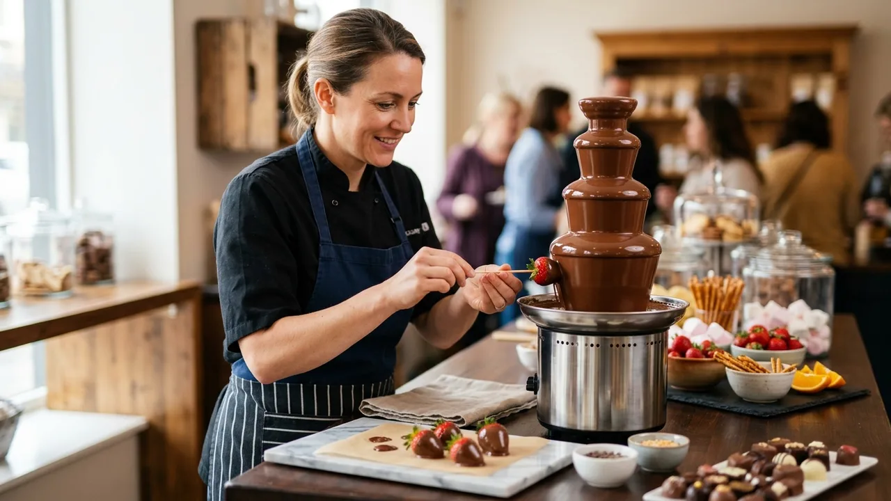 Professional chocolatier attendant demonstrating dipping technique at chocolate fountain
