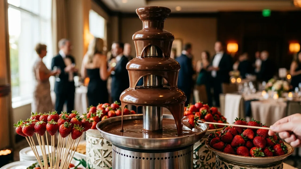 Elegant chocolate fountain with cascading Belgian chocolate and fresh strawberries at upscale event