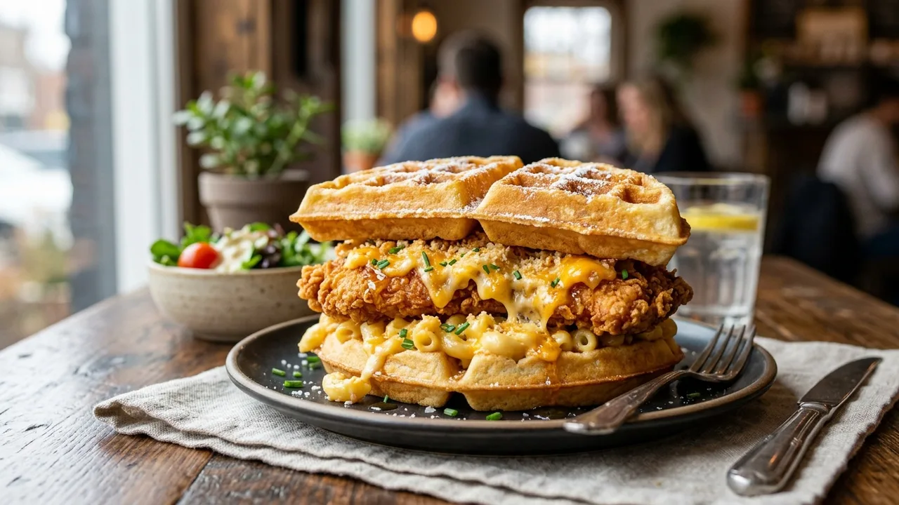 The Waffle Bus gourmet waffle sandwich with fried chicken and mac and cheese