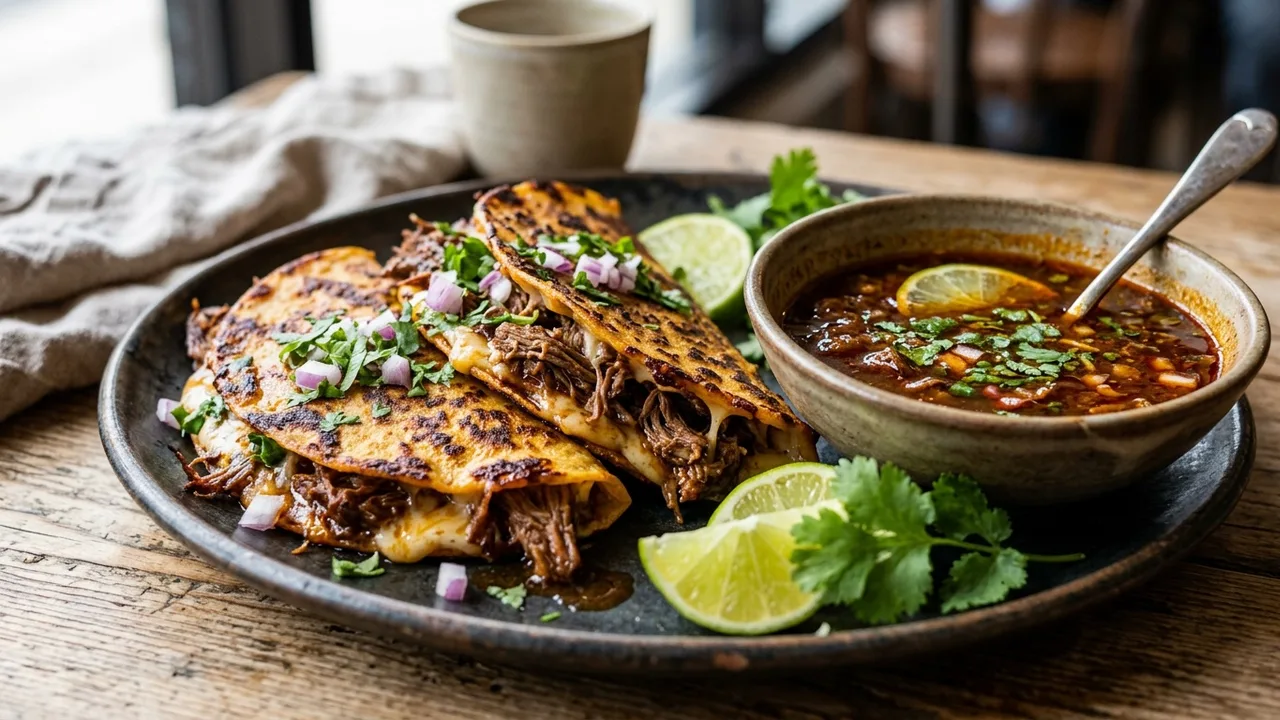 Dripped Birria quesabirria tacos with consomme dipping sauce