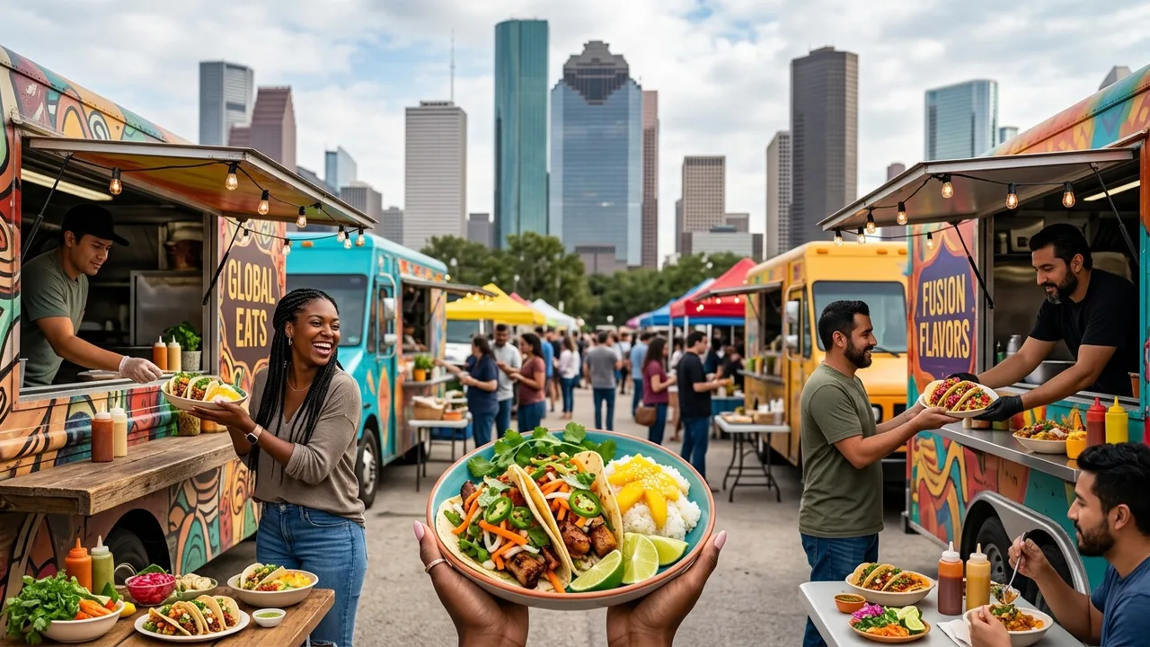 Houston Texas food trucks with downtown skyline and diverse multicultural cuisine