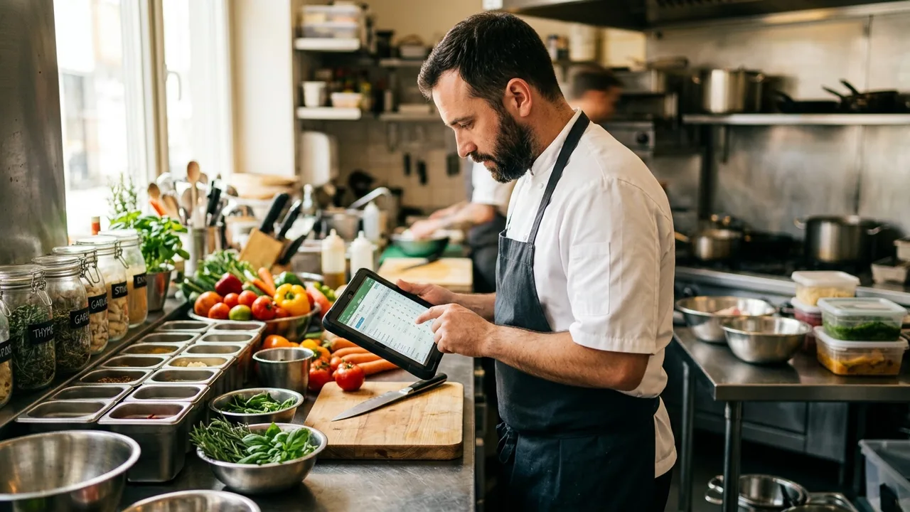 A restaurant chef reviewing inventory on a tablet at a stainless steel kitchen counter surrounded by fresh ingredients and stock containers, warm natural light