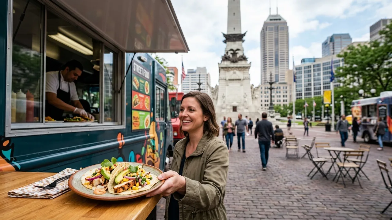 Indianapolis food trucks with Monument Circle and downtown skyline