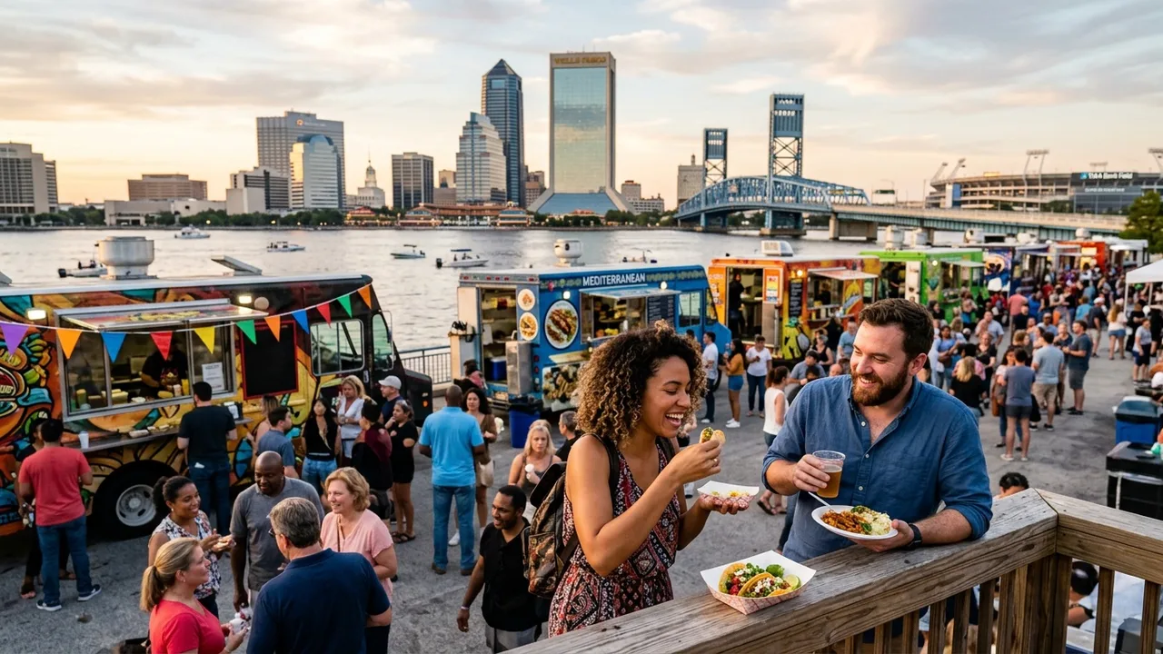 Jacksonville food truck festival with diverse food trucks serving crowds near the St. Johns River with the downtown skyline in the background