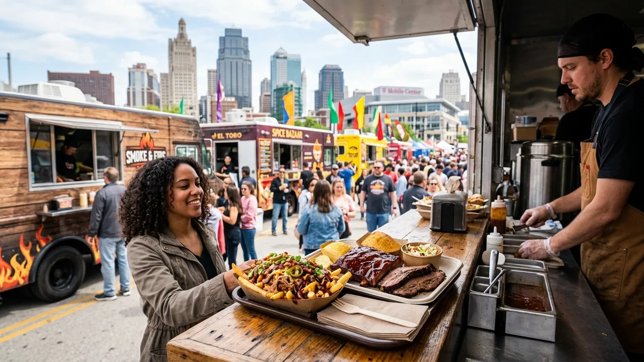 Kansas City food truck festival with diverse food trucks serving BBQ and loaded fries near the Power and Light District with KC skyline in background