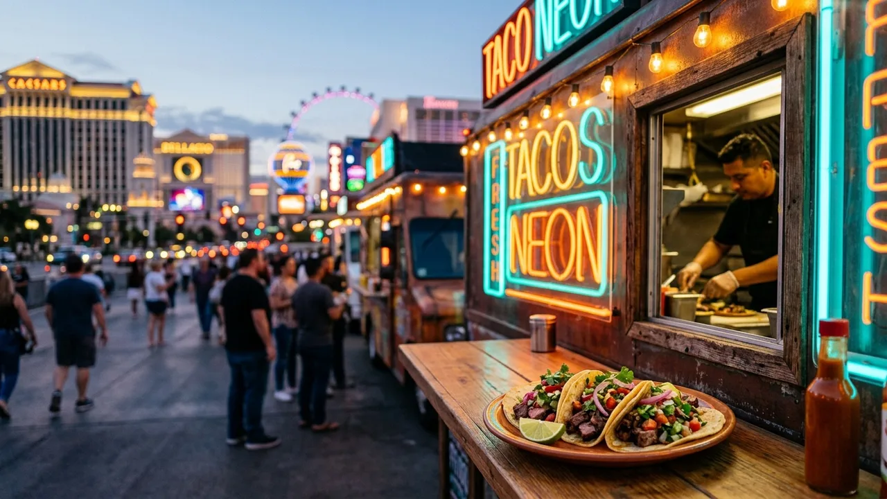 Las Vegas food trucks with neon lights and Strip in background