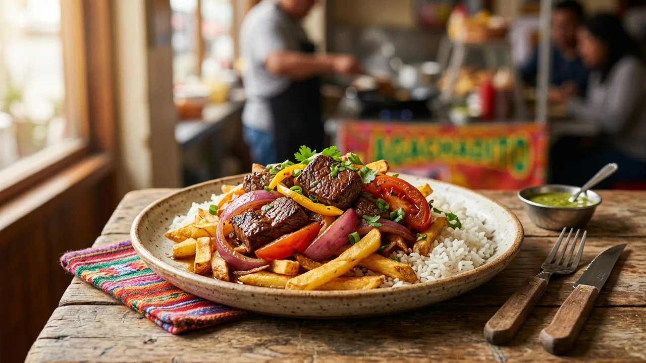 A vibrant plate of Peruvian lomo saltado with seared beef, red onions, tomatoes and golden fries, served street-food style