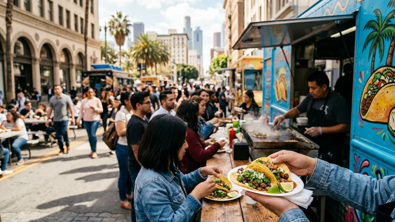 Los Angeles food trucks serving street food in a vibrant urban setting