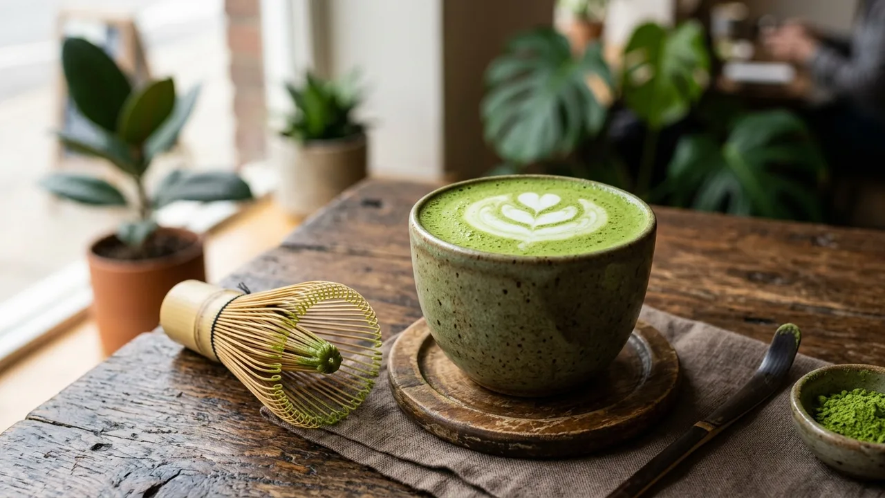 Vibrant green matcha latte in a ceramic cup with bamboo whisk, representing the rise of matcha as a coffee alternative
