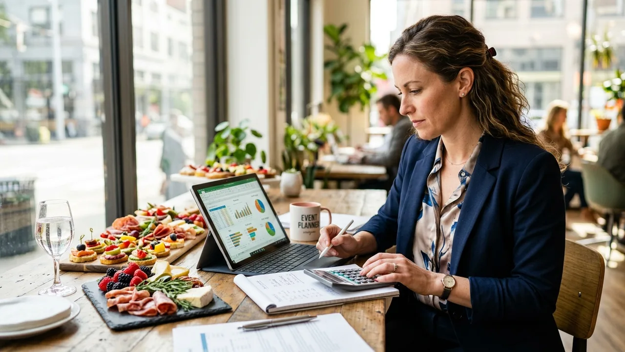Event planner analyzing catering financial performance metrics and ROI calculations