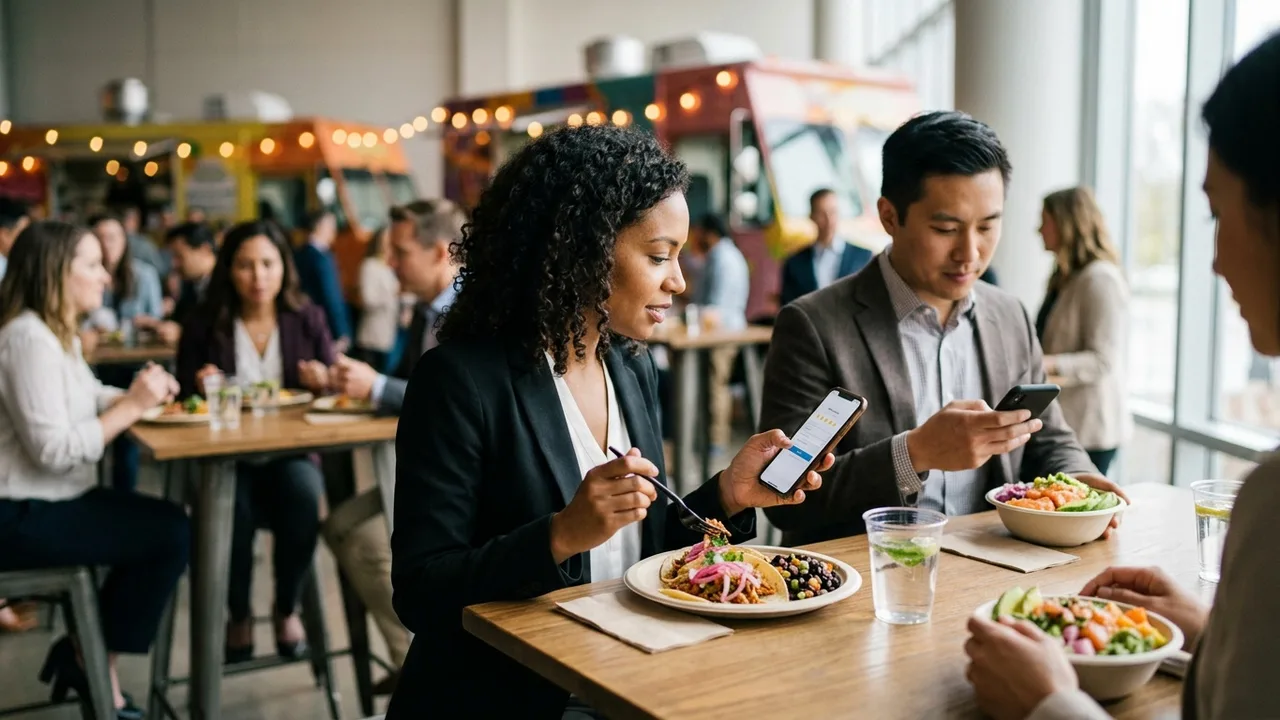 Corporate event guests rating food truck catering satisfaction on mobile devices