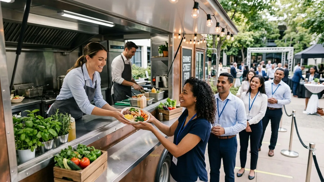 Efficient food truck service with optimized queue management at corporate event