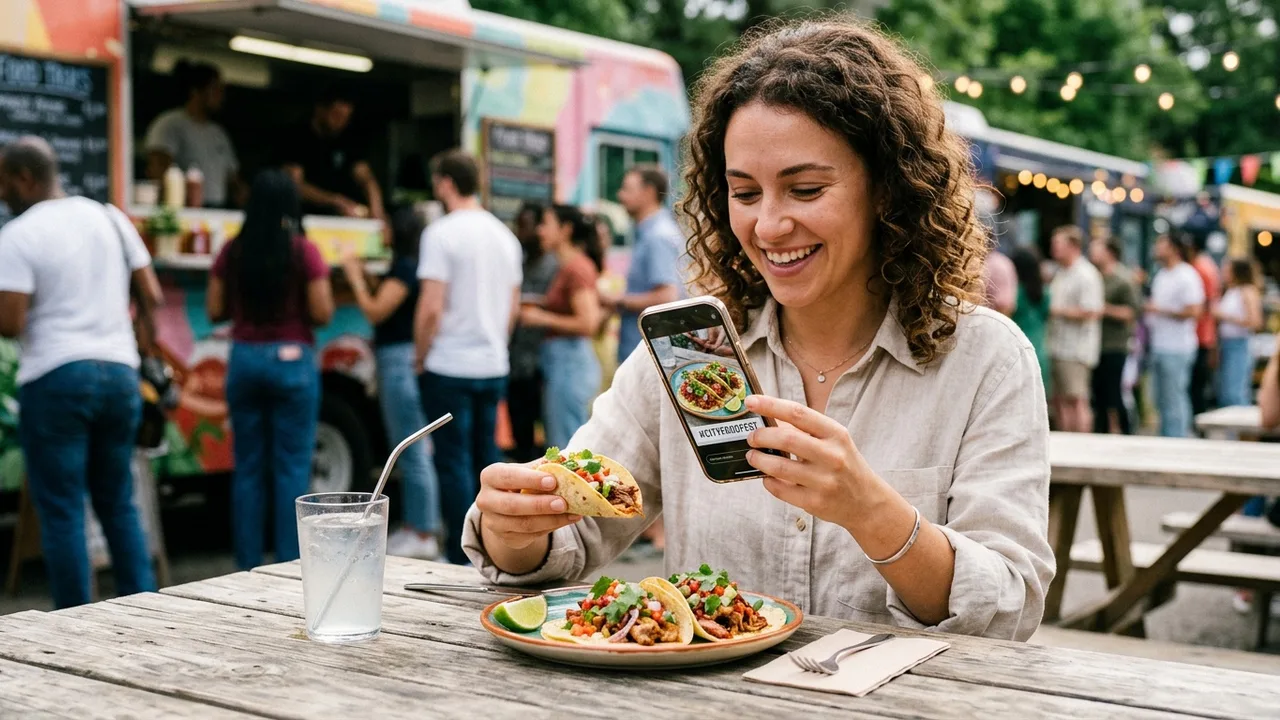 Event attendee sharing food truck experience on social media with event hashtag