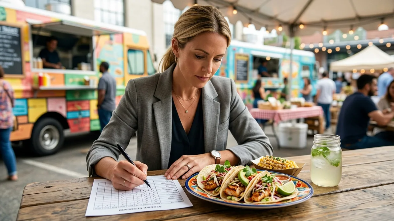 Event planner evaluating food truck vendor performance with scorecard