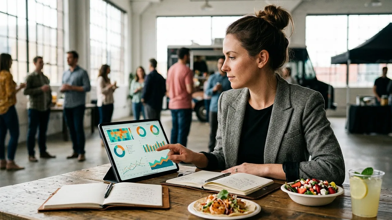 Event planner analyzing food truck catering KPIs and performance metrics on dashboard