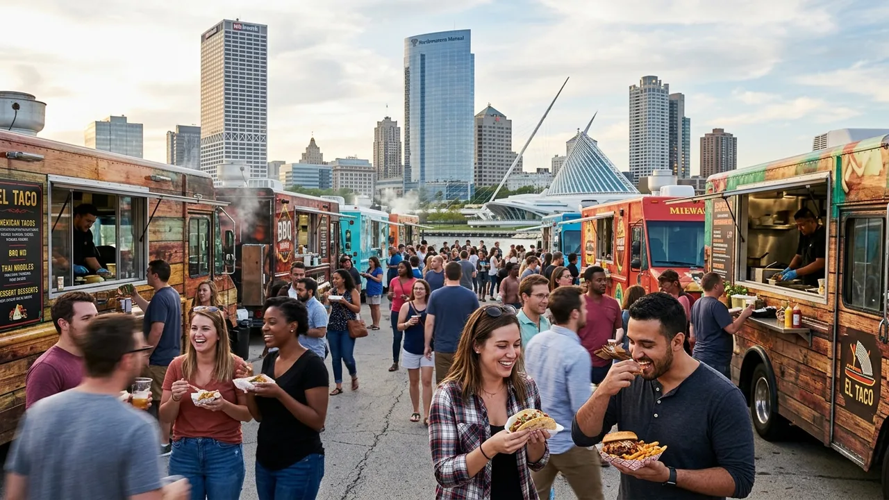 Milwaukee food truck festival with diverse food trucks serving crowds with the Milwaukee skyline in the background