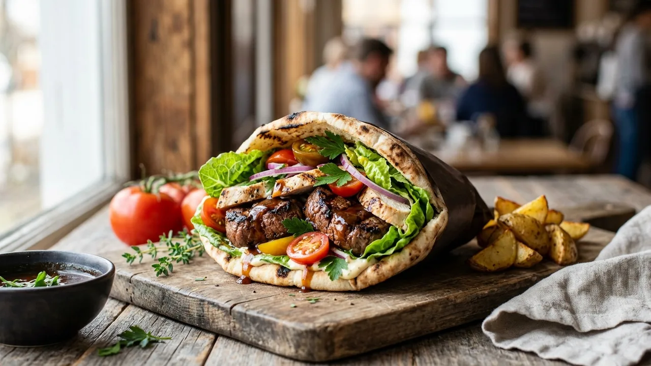 One Guy Steak and Chicken bourbon filet mignon pita sandwich