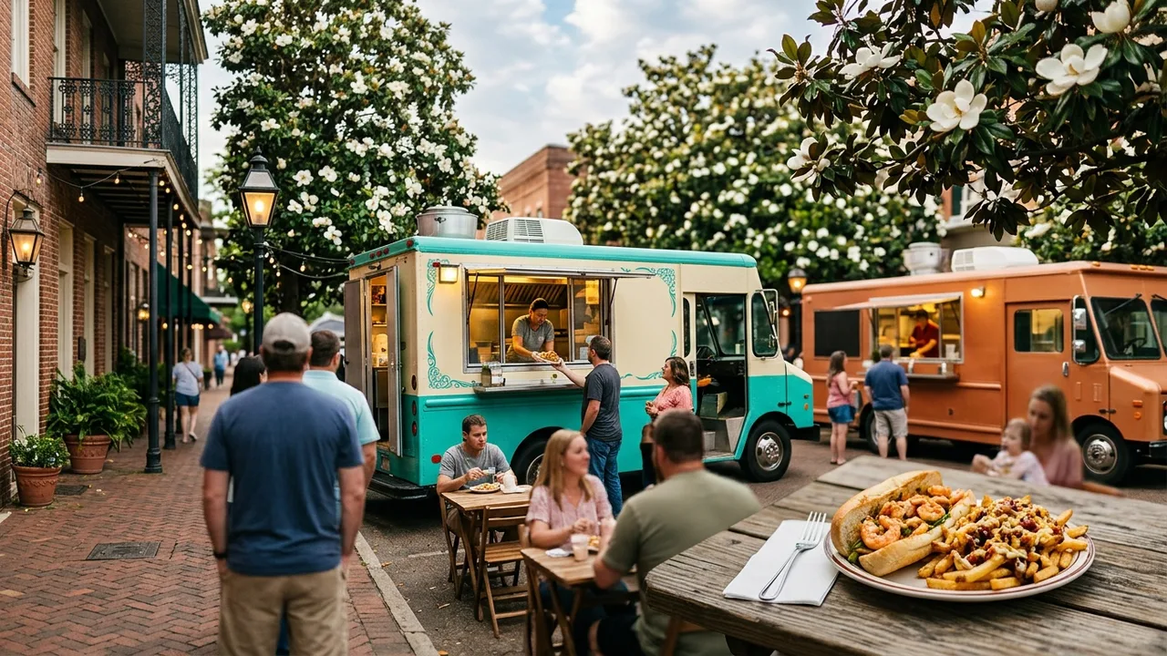 Mississippi food trucks in charming Southern downtown setting with magnolia trees
