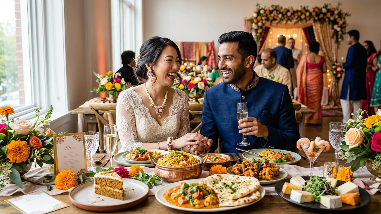 Interracial couple celebrating at multicultural wedding reception blending Indian and Western traditions