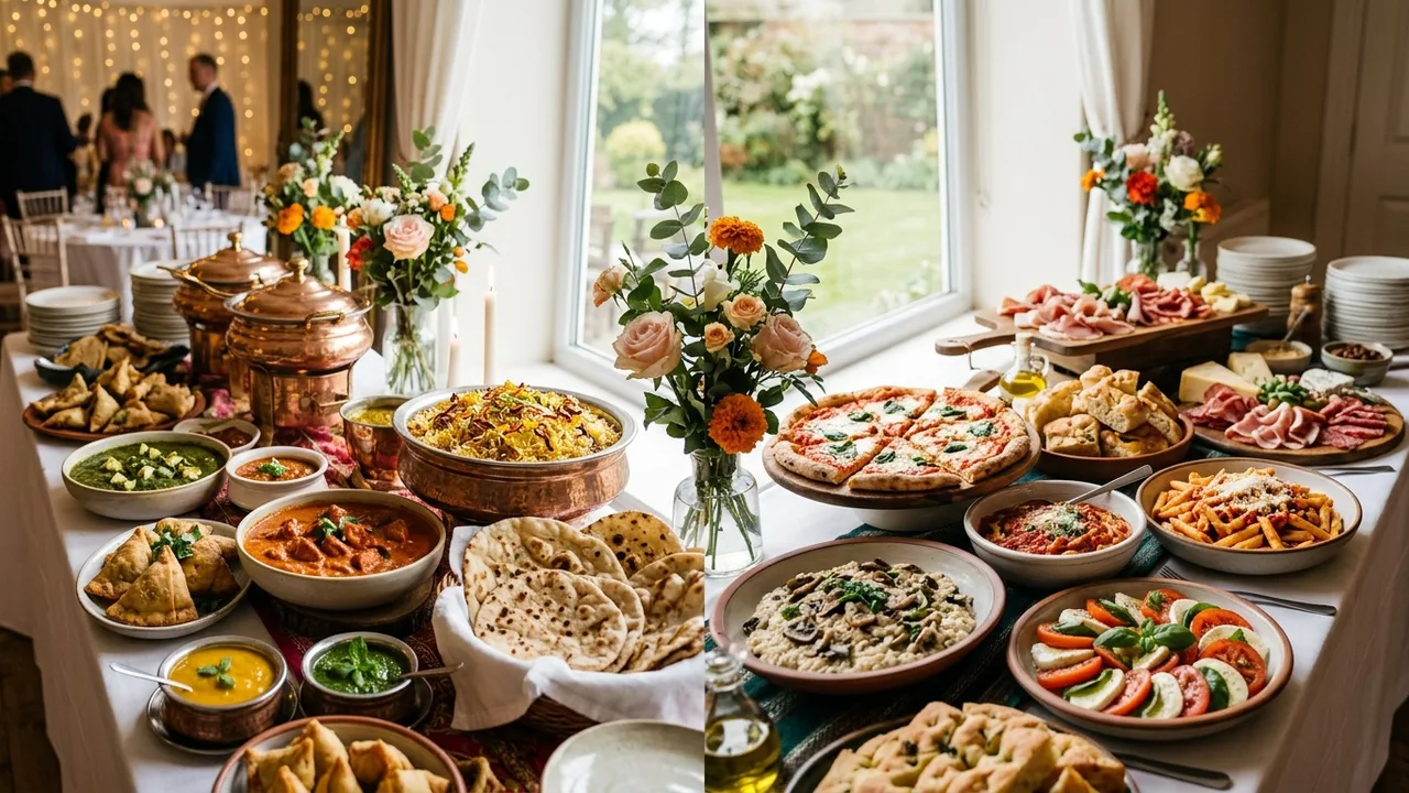 Split wedding buffet displaying Indian cuisine alongside Italian dishes for fusion celebration