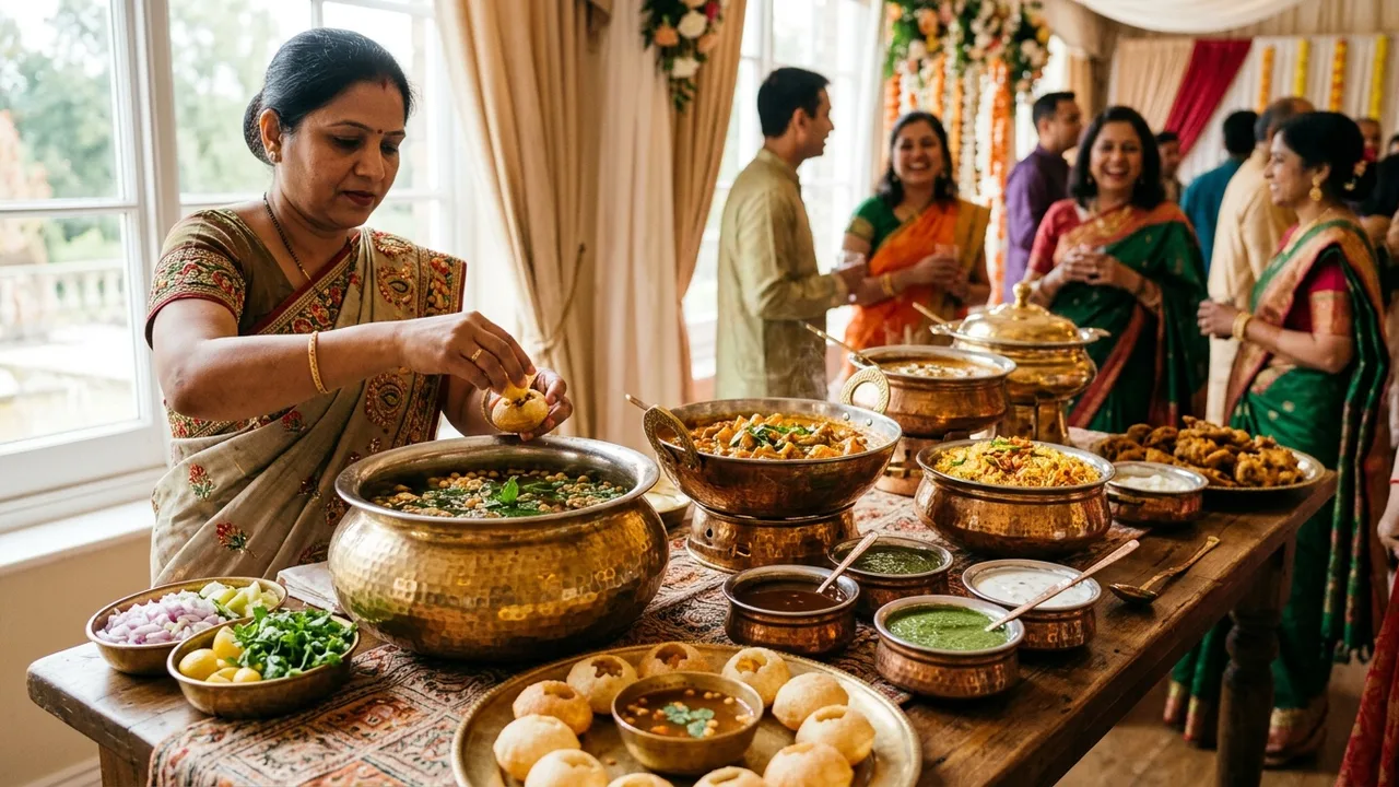 Authentic Indian wedding catering with live pani puri station and traditional brass serving dishes