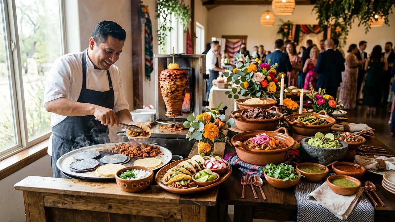 Upscale Mexican wedding catering with live taco station and elegant traditional presentations