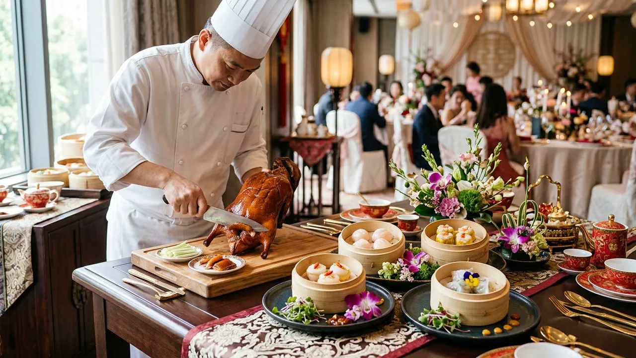 Traditional Chinese wedding banquet with Peking duck carving and elegant dim sum displays