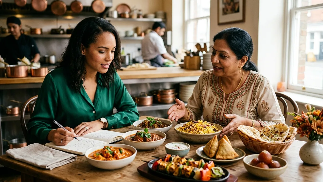 Wedding planner consulting with ethnic caterer to verify cultural authenticity of menu