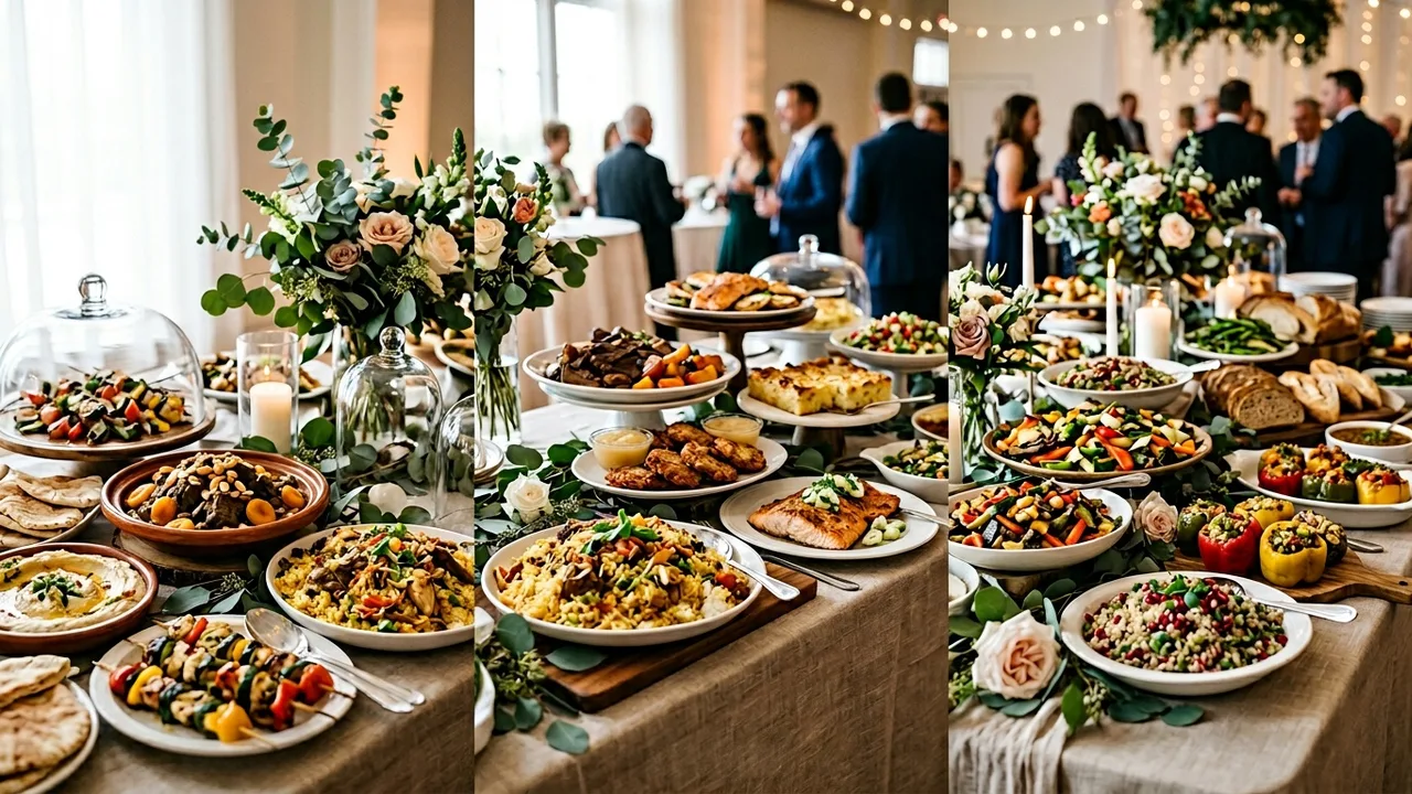 Wedding buffet with clear halal, kosher, and vegetarian stations with professional signage