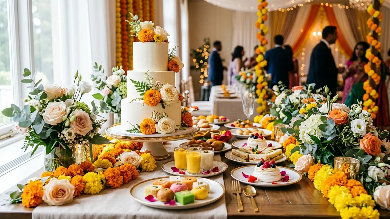 Hindu-Catholic fusion wedding reception blending marigolds with Western floral arrangements