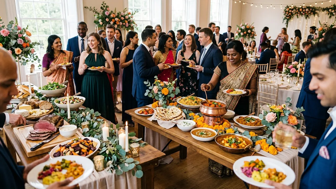 Elegant multicultural wedding reception with Indian and Western cuisine stations and diverse guests celebrating