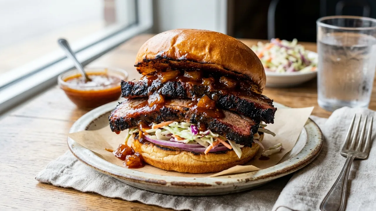 Smoked Out BBQ brisket sandwich with pineapple BBQ sauce