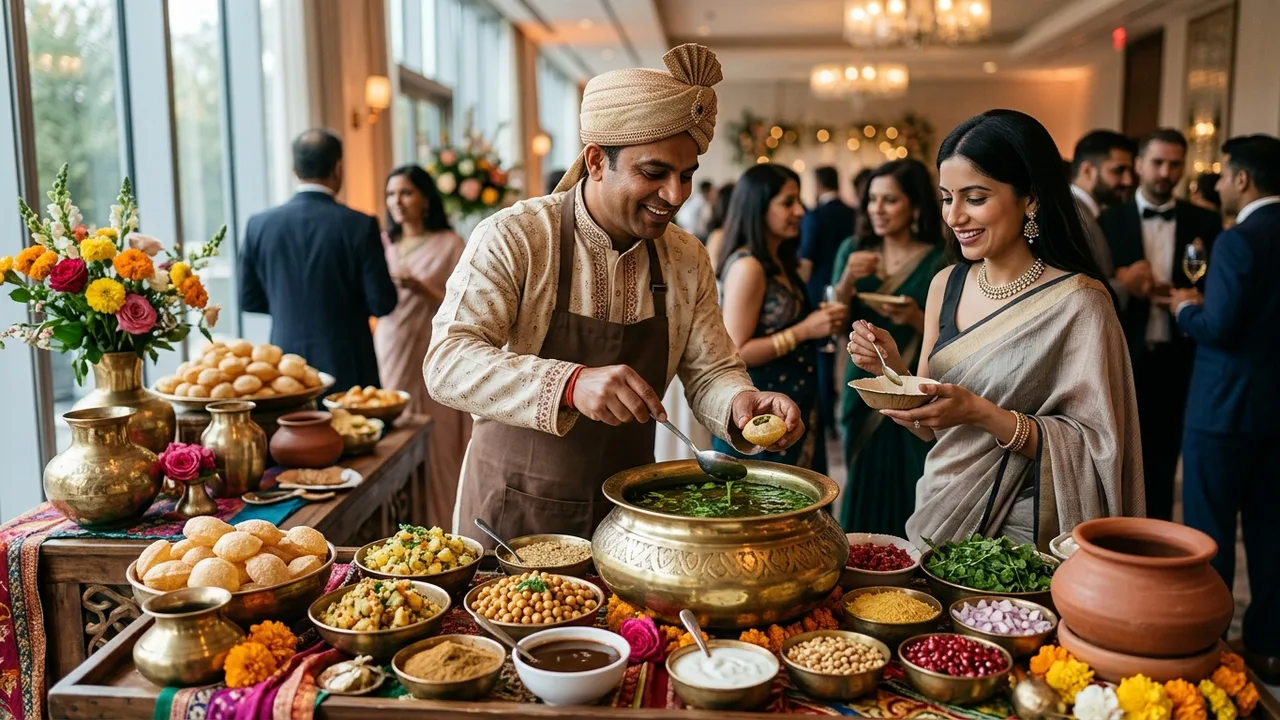 Live pani puri station with vendor serving guests at an elegant event
