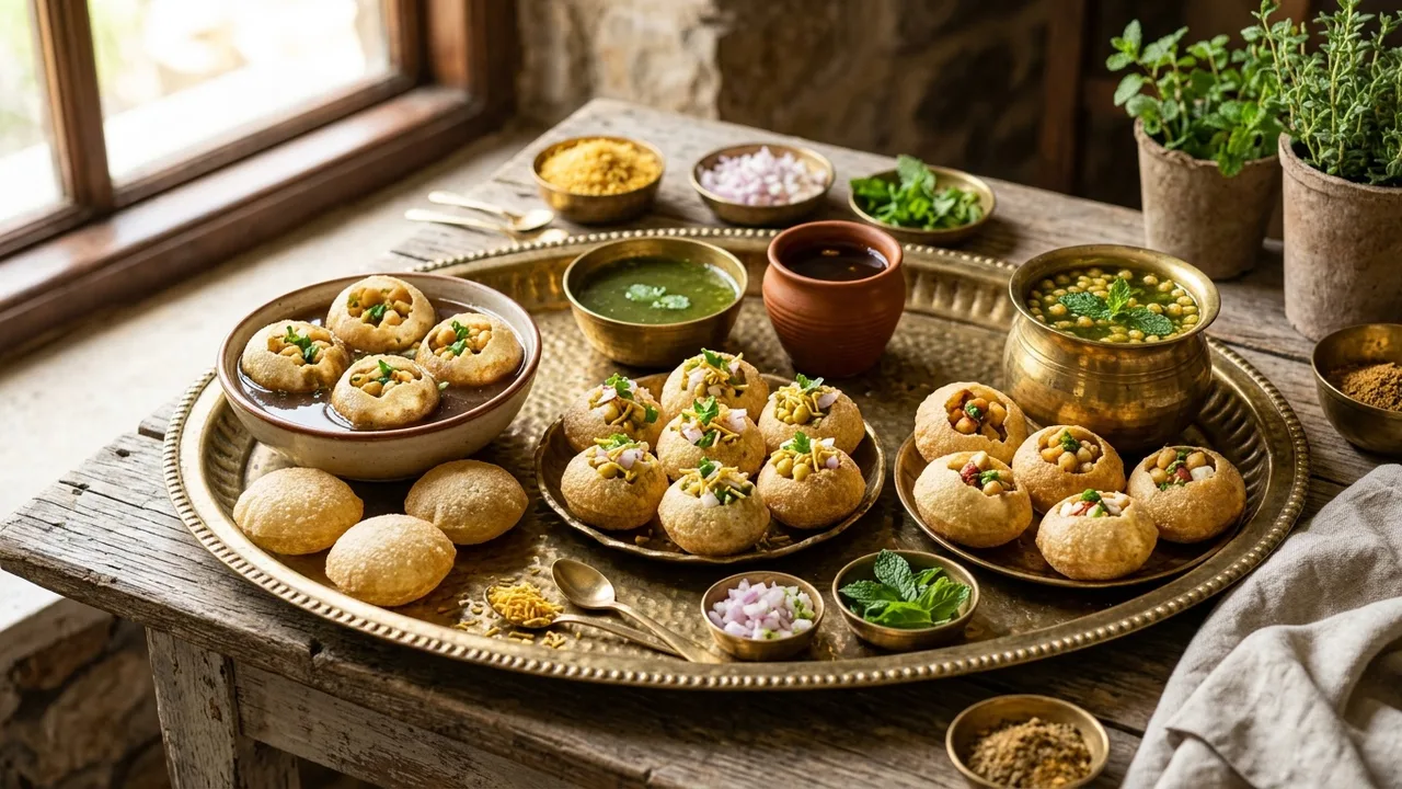 Regional pani puri varieties including golgappa, puchka, and Mumbai-style on a brass thali