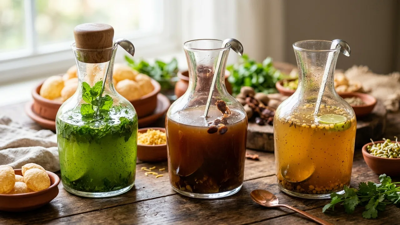 Colorful pani puri flavored waters including green teekha, brown meetha, and golden jaljeera