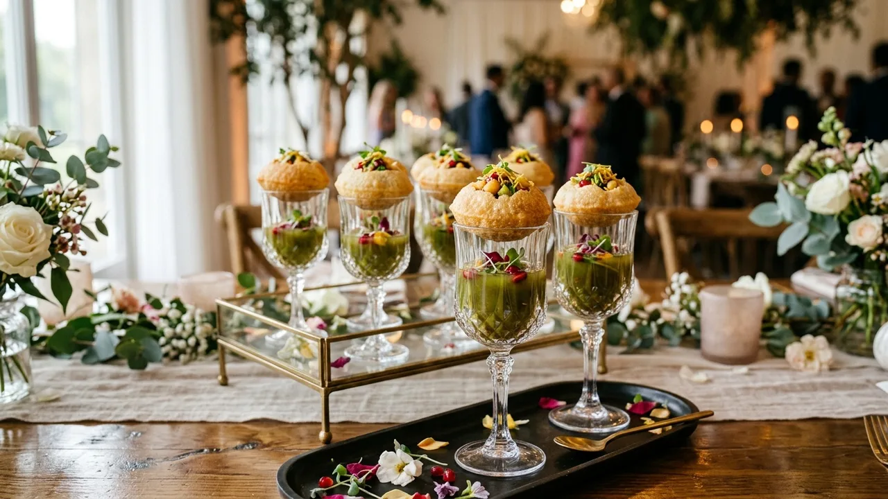 Premium pani puri shots in crystal glasses at a luxury wedding reception