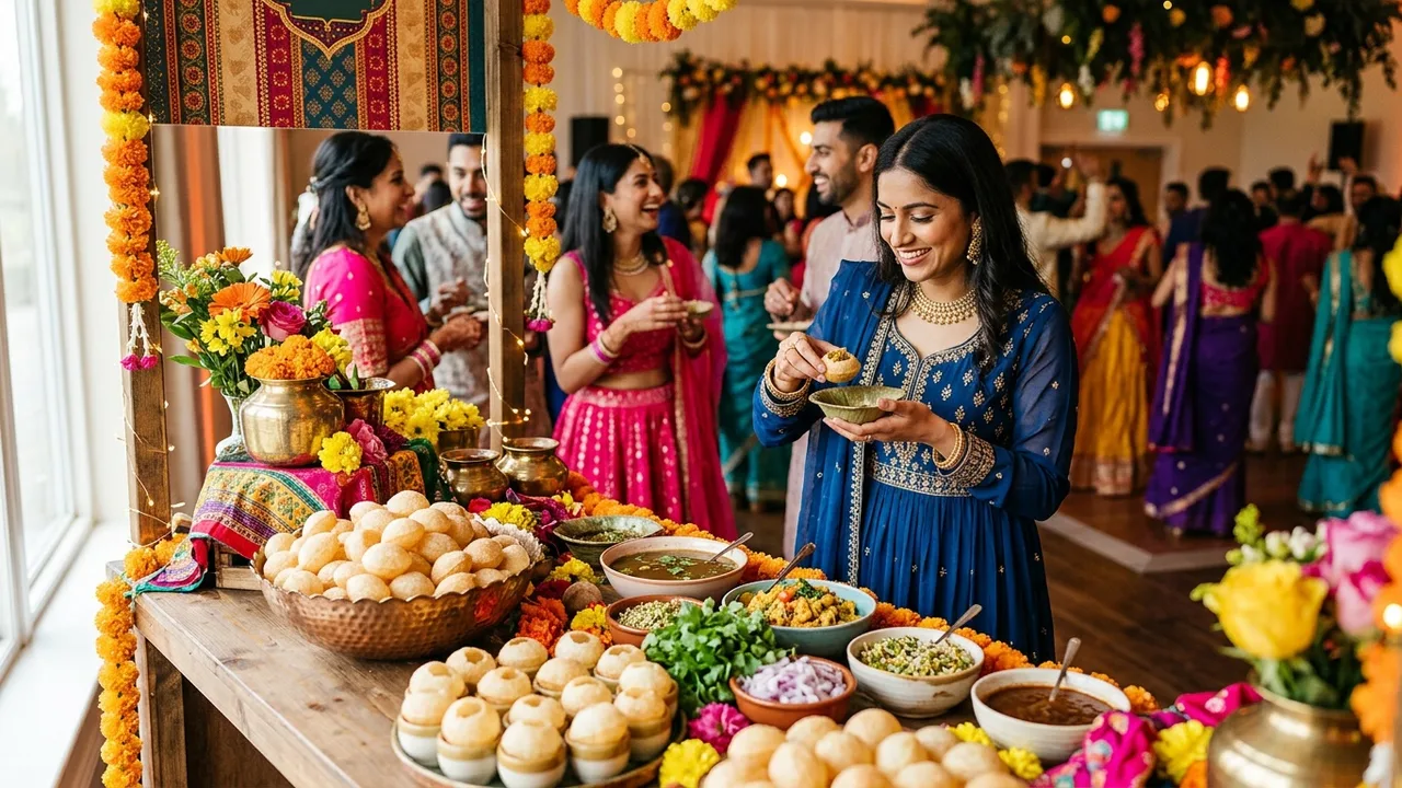 Indian wedding sangeet celebration with decorated pani puri station and guests in traditional attire