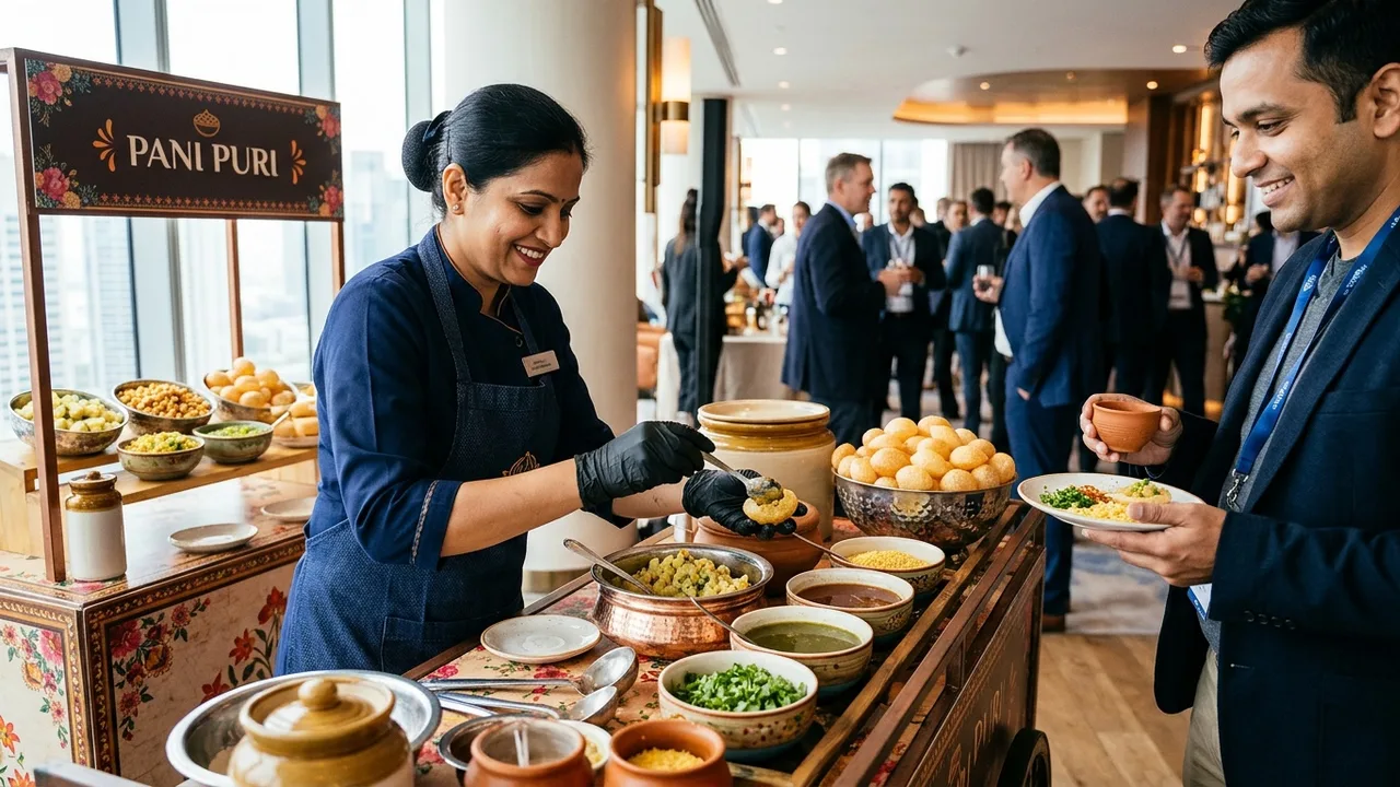 Professional pani puri catering setup at a corporate event with branded cart and uniformed staff