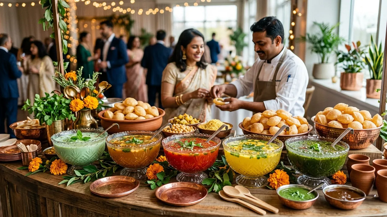 Vibrant pani puri catering station with colorful flavored waters and crispy puris at an elegant event