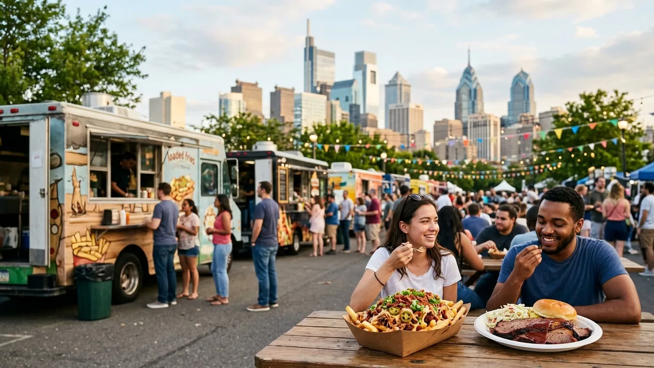 Philadelphia food truck festival with diverse food trucks serving BBQ and loaded fries near University City with the Philly skyline in background