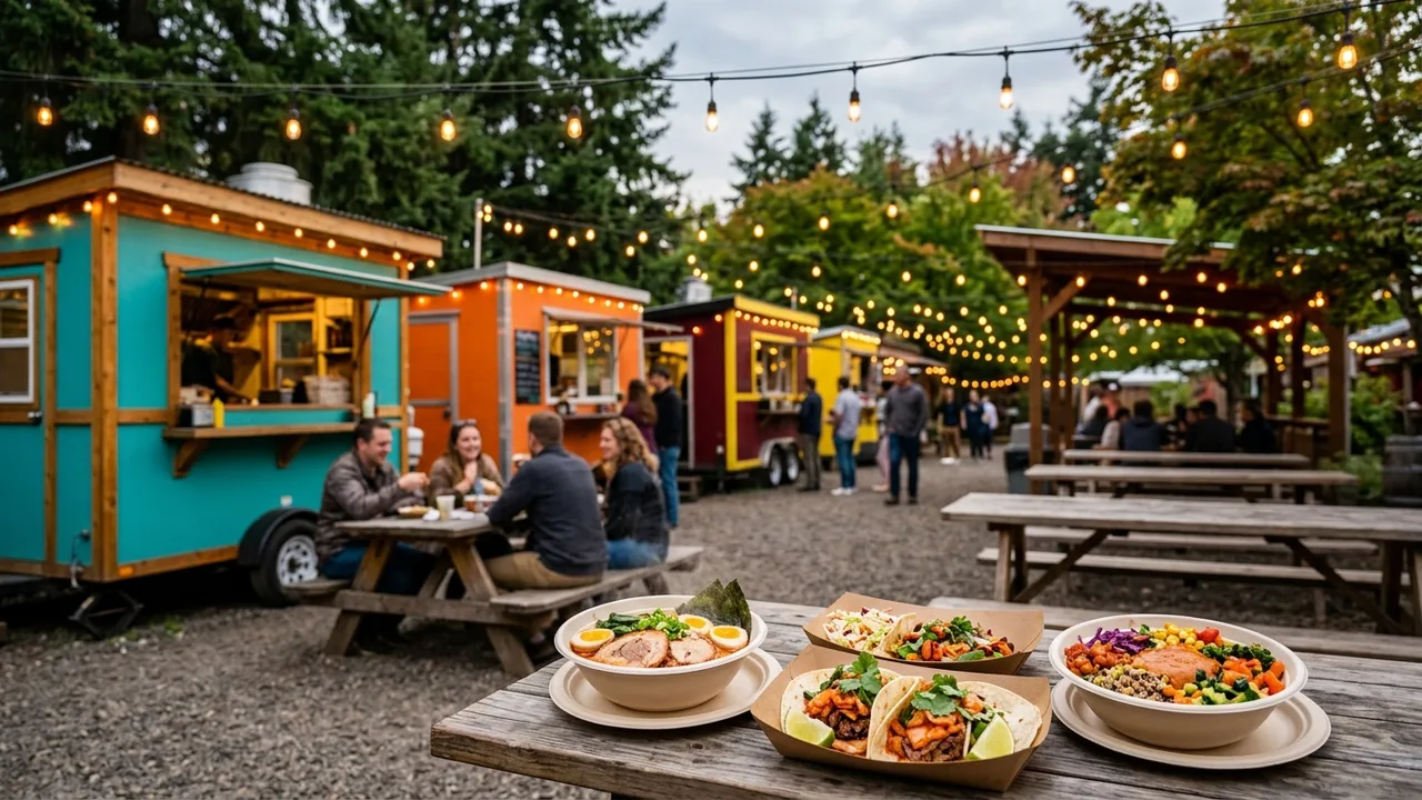 Portland food cart pod with colorful carts, string lights, and Pacific Northwest atmosphere