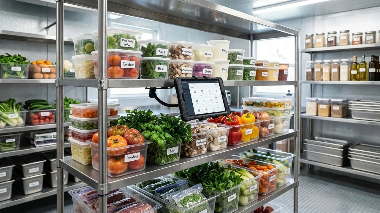 A well-organized restaurant walk-in cooler and dry-storage shelving with neatly stacked labeled ingredient containers and fresh produce, a tablet mounted on the shelf, bright clean light