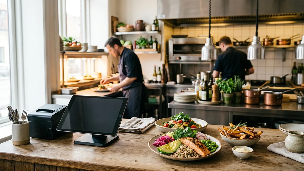 A modern restaurant service counter with a point-of-sale tablet beside freshly prepared dishes, an organized kitchen in the background, warm daylight