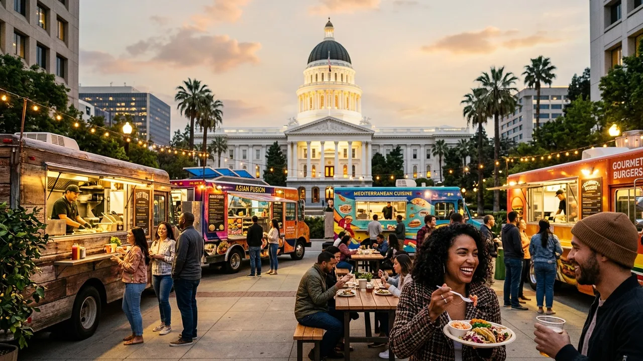 Sacramento food trucks gathered at a downtown food truck event with the California State Capitol building in the background, featuring diverse cuisines and happy customers