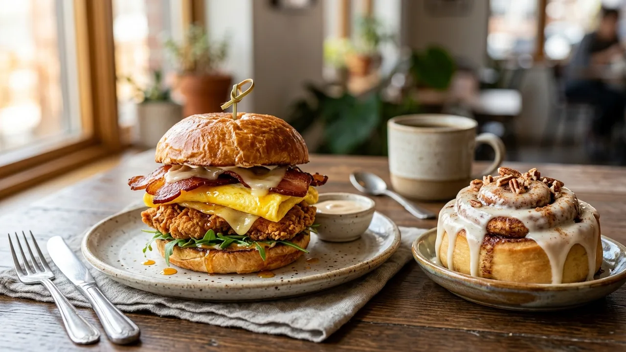 The Baked Bird gourmet breakfast sandwich with cinnamon roll