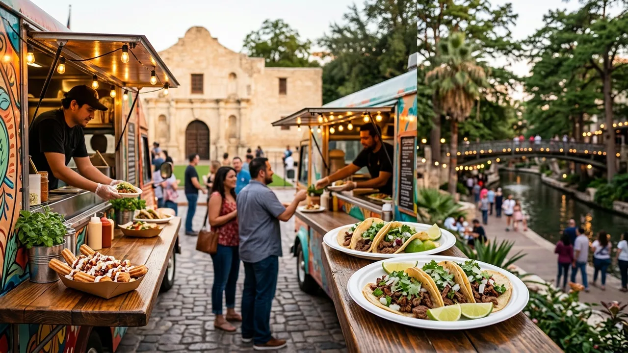 San Antonio Texas food trucks with The Alamo and River Walk in background