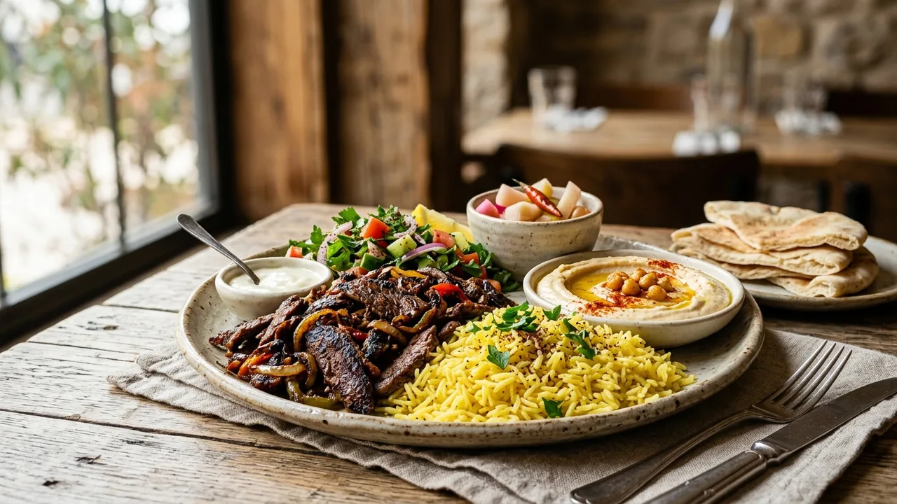 The Shawarma Guys beef shawarma platter with saffron rice and hummus