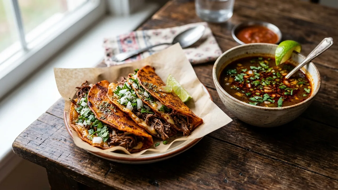 Mike's Red Tacos birria tacos with consomme